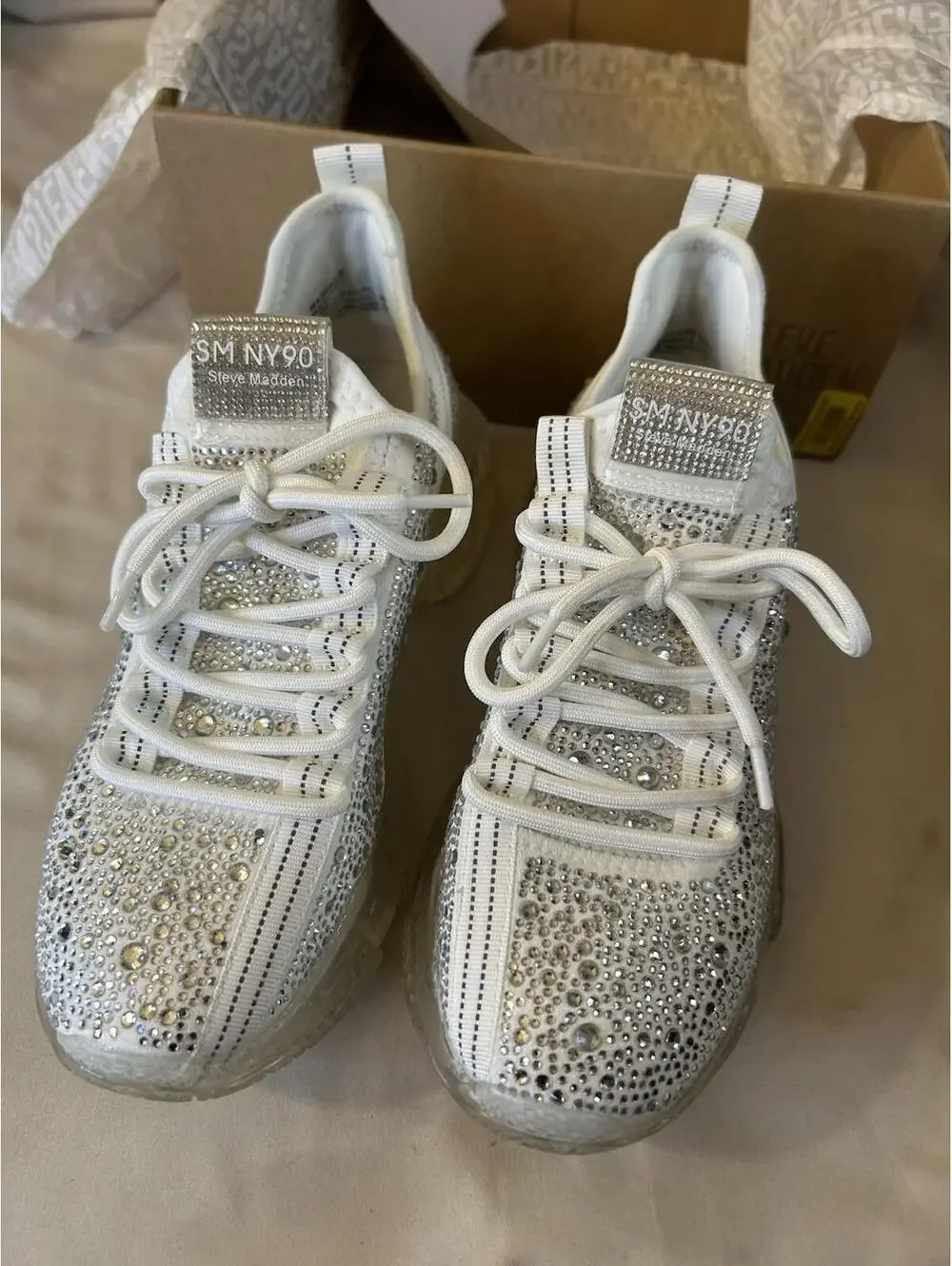 Steve Madden Maxima-R White Rhinestone Fashion Slip On Sneaker - Picture 3 of 13